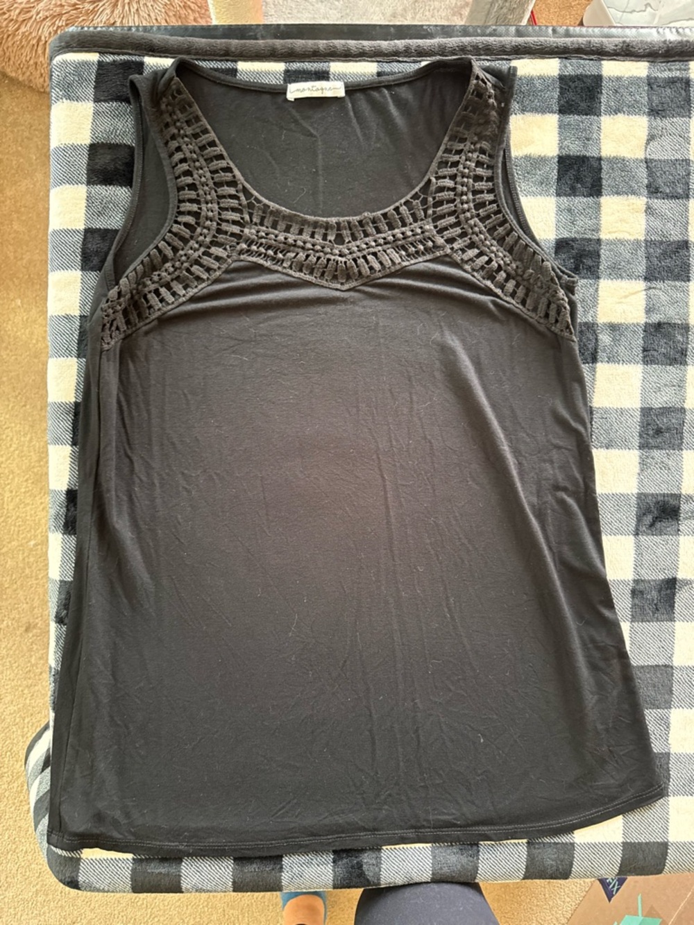Black Sleeveless Crochet Yoke Tank Top